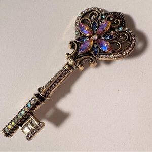 Vintage inspired multicolor Aurora Borealis Gold tone goth Key Brooch